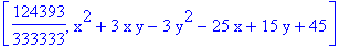 [124393/333333, x^2+3*x*y-3*y^2-25*x+15*y+45]